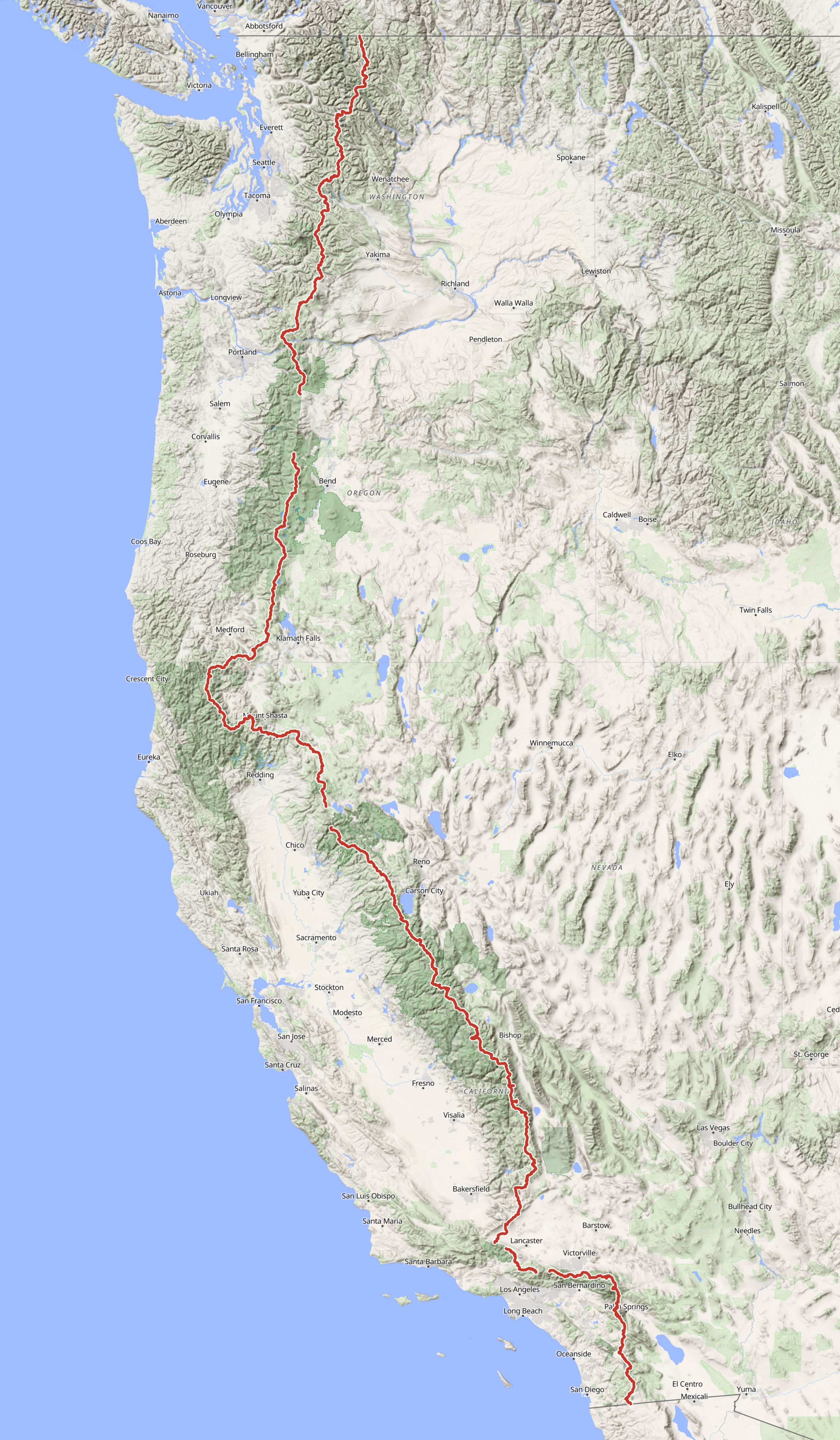 Pacific Crest Trail route over terrain